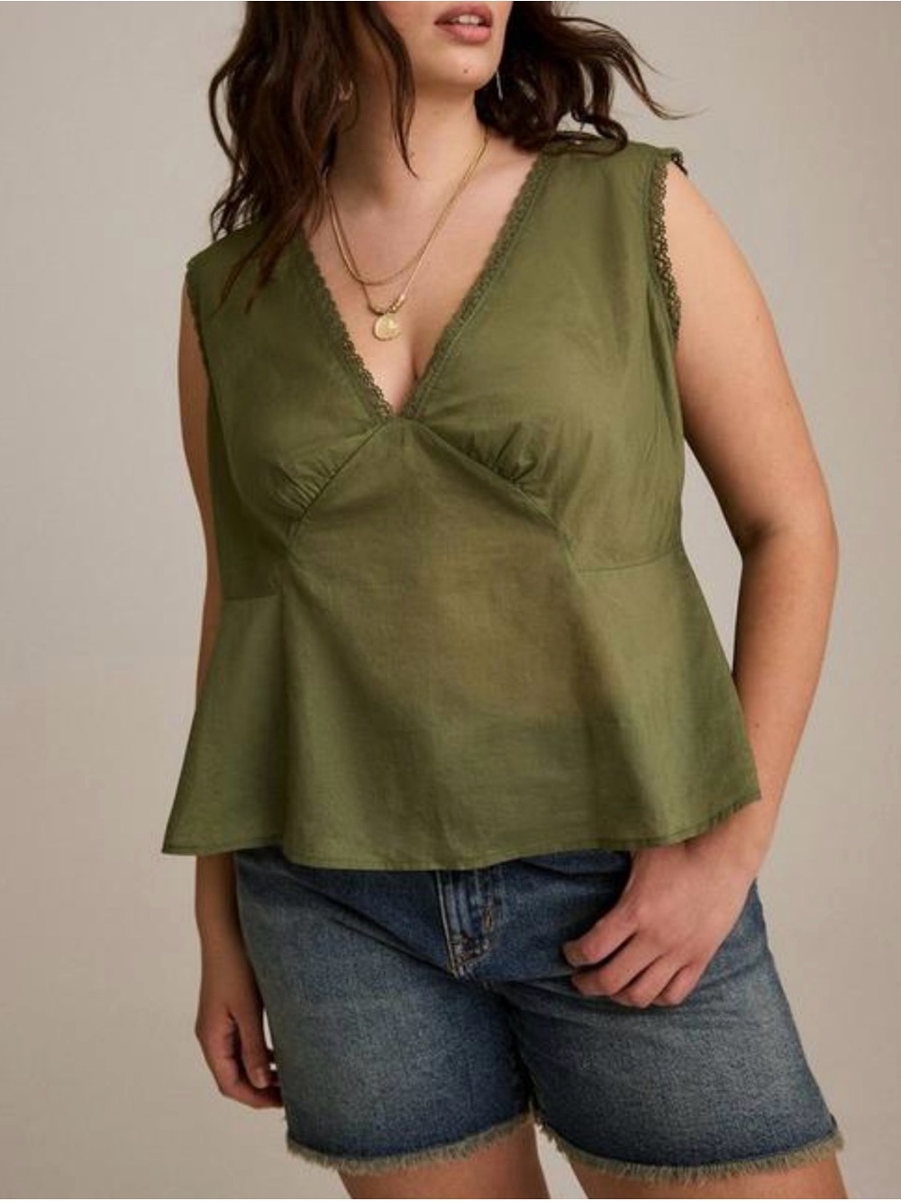 NWT TORRID Olive Green V-Neck Sleeveless Festi cotton tie back tank